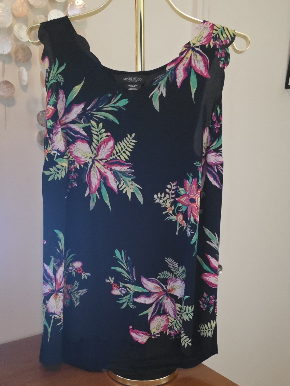 Michel Studio Black Floral Sleeveless Camisole with Pink & Green Blooms